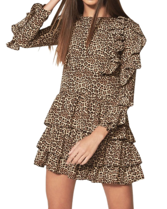 BARDOT Women Leopard Print Ruffle Long Sleeve Dress
