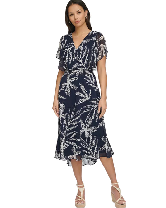 DKNY Women Printed Chiffon Flutter-Sleeve Midi Dress