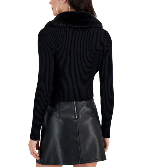 TAYLOR Women Faux-Fur-Collar Rib-Knit Cardigan