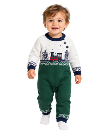 IZOD Baby Boy  Christmas Train Knitted Romper Overall