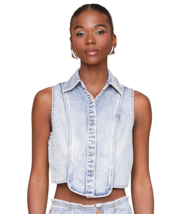 AVEC LES FILLES Women Sleeveless Tuxedo Cotton Denim T-Shirt
