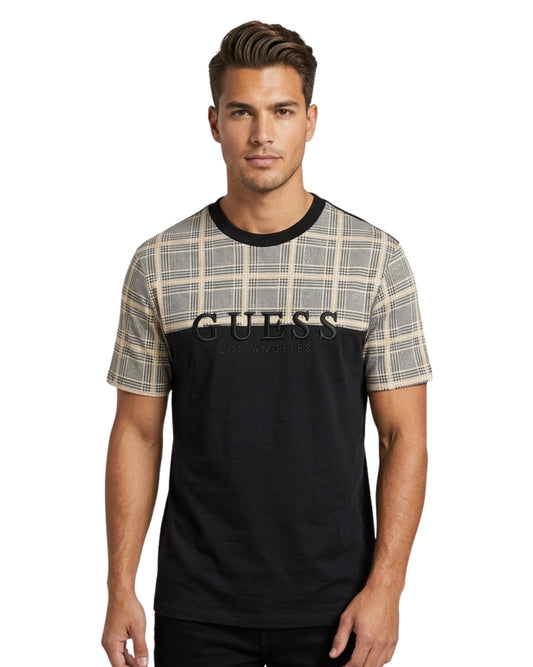 GUESS Men Plaid Panel Logo T-Shirt
