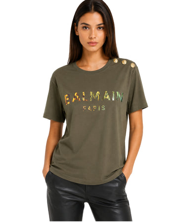 BALMAIN Women Decorative Gold Button T-Shirt