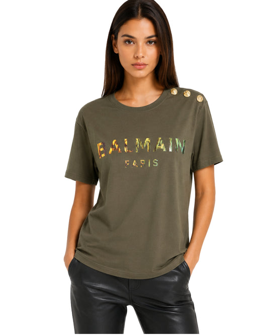 BALMAIN Women Decorative Gold Button T-Shirt