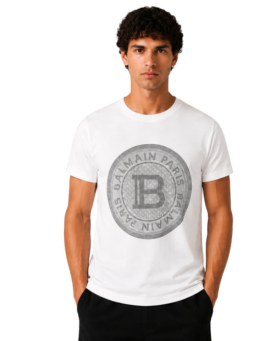 BALMAIN Men Sparkling Embellished Circular Logo T-Shirt