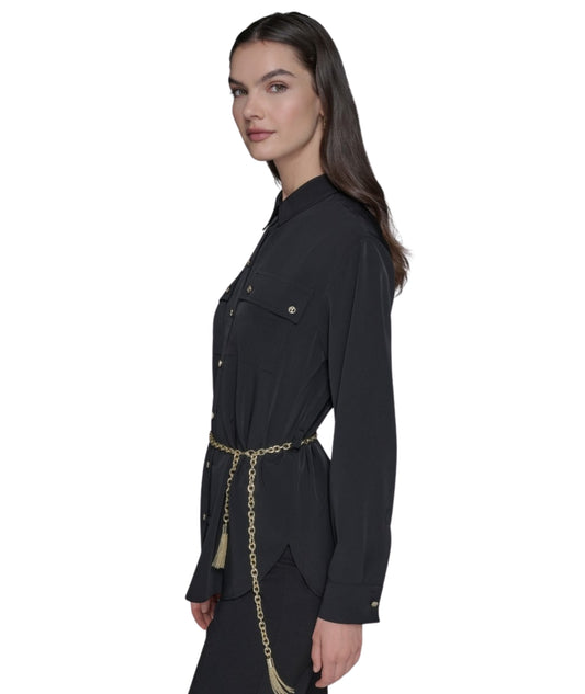 KARL LAGERFELD Women Belted Chest-Pocket Top Shirt