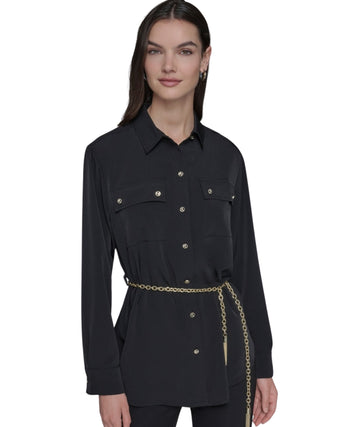 KARL LAGERFELD Women Belted Chest-Pocket Top Shirt