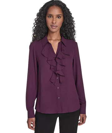 CALVIN KLEIN Women Long Sleeve Ruffle Front Shirt