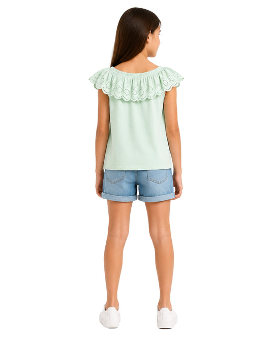 KIABI Girls Embroidered Ruffle Neckline T-Shirt