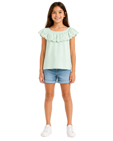 KIABI Girls Embroidered Ruffle Neckline T-Shirt