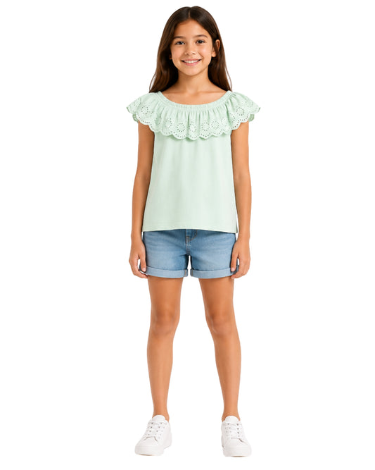 KIABI Girls Embroidered Ruffle Neckline T-Shirt