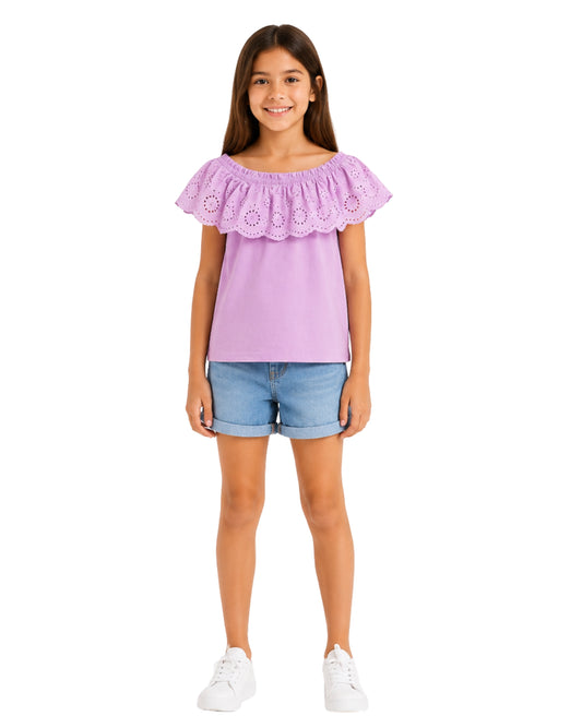 KIABI Girls Ruffle Neckline T-Shirt