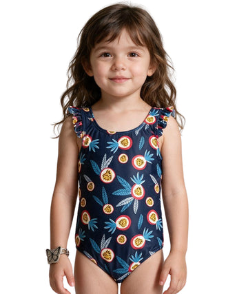 KIABI Kids Girls Tropical Print Ruffle Sleeves Swim Suit