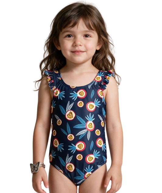 KIABI Kids Girls Tropical Print Ruffle Sleeves Swim Suit