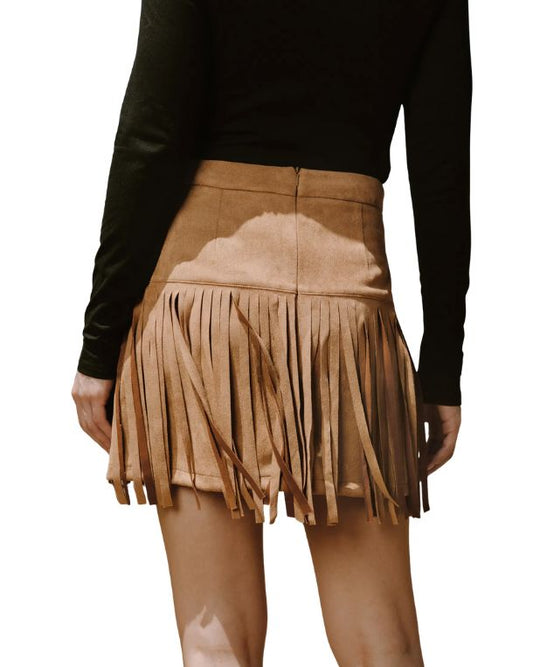 CUPSHE Women Faux Suede Fringe Hem Mini Skirt