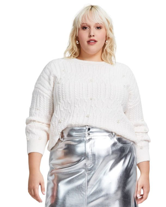 AND NOW THIS Women Embellished Cable-Knit Sweater