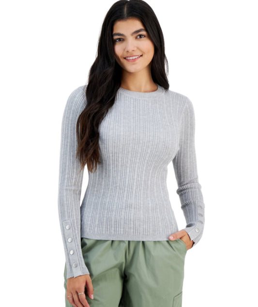 HOOKED UP Women Snap-Cuff Ribbed Crewneck Sweater