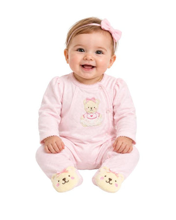 LITTLE ME Baby Girls Embroidered Teddy Bear Overall