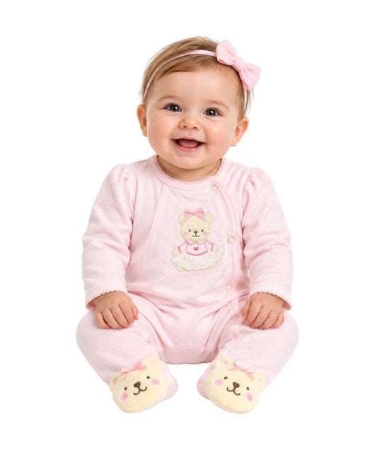 LITTLE ME Baby Girls Embroidered Teddy Bear Overall