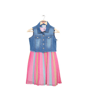 Girls Pleated Chiffon Dress with Denim Vest