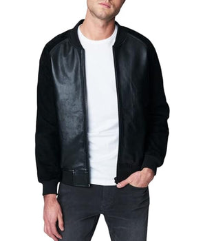 Men Faux Suede and Leather Bomber Jacket